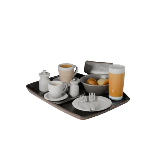 Cafe Breakfast Tray Realistic 3D model, three-quarter studio render, showing ceramic, arranged serving layout.