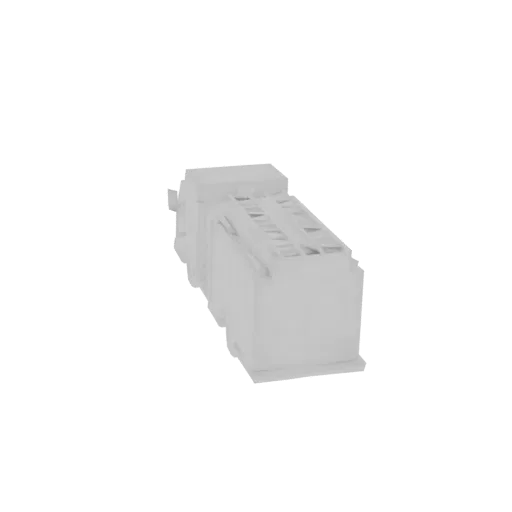 3D model of a white industrial power connector with multiple pins and a rectangular housing, shown from a slight angle.
