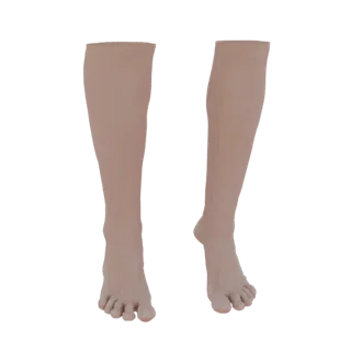 Rendu 3D d'une paire de jambes humaines réalistes, vue de face, avec texture de peau détaillée et orteils.