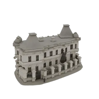 Modello 3D di un dettagliato palazzo europeo con tetto mansardato, facciata ornata e recinzione decorativa, presentato su sfo