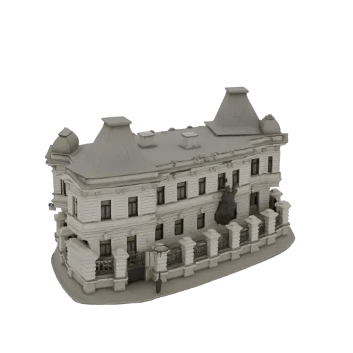 3D model of a detailed European mansion with a mansard roof, ornate facade, and decorative fence, presented on a white backgr