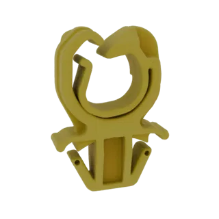 3D-Modell eines gelben Kunststoffrohrclips mit U-förmiger Öffnung und zwei Befestigungslaschen an der Basis.