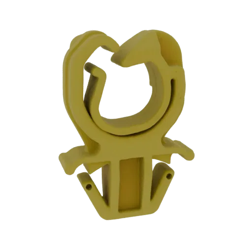 3D model of a yellow plastic pipe clip with a U-shaped opening and two mounting tabs at the base.
