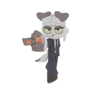 3D model of a stylized dog character wearing a suit and pointing forward with its left hand.