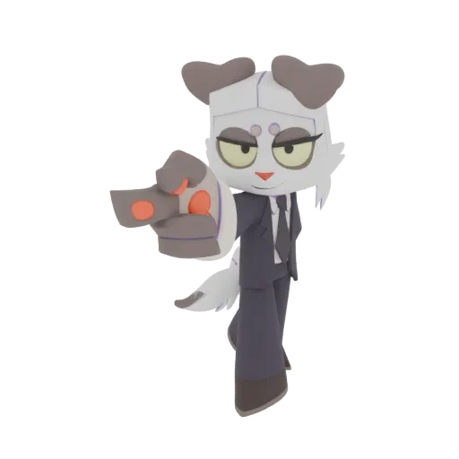 3D model of a stylized dog character wearing a suit and pointing forward with its left hand.
