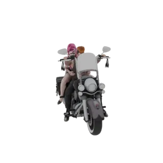 Rendu 3D d'une femme aux cheveux roses assise à l'arrière d'une moto conduite par un homme, sur fond blanc.