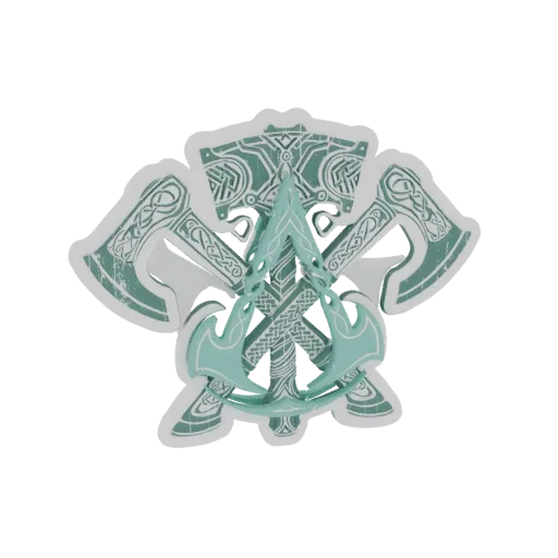 3D model of a Viking axe emblem crossed with the Assassin's Creed symbol in teal and grey tones.