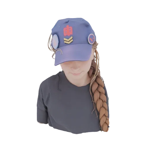 Modello 3D ragazza anime con cappellino blu e treccia, che guarda in basso.
