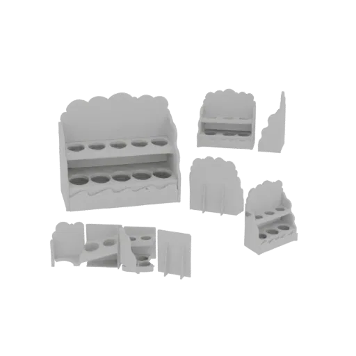 A collection of white 3D models of miniature display stands of various shapes and sizes, arranged on a white background.