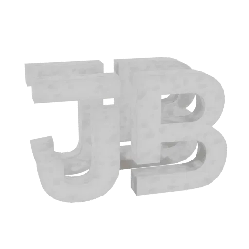 3D-Modell der Buchstaben 'JB' mit Milchglas-Textur, auf weißem Hintergrund.