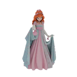 Modelo 3D de Bloom de Winx Club usando um vestido de baile azul pastel e rosa, segurando uma pequena bolsa, com acessórios fl
