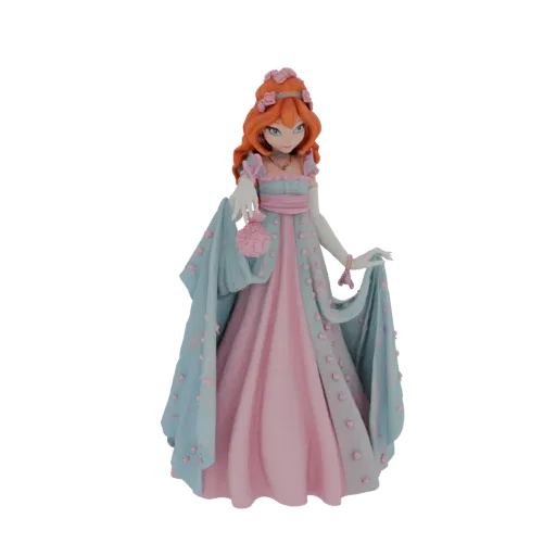 3D model of Bloom from Winx Club wearing a pastel blue and pink ball gown, holding a small purse, with floral hair accessorie