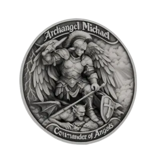 Modelo 3D do Arcanjo Miguel, Comandante dos Anjos, em armadura completa, empunhando espada e escudo, com asas abertas, sobre