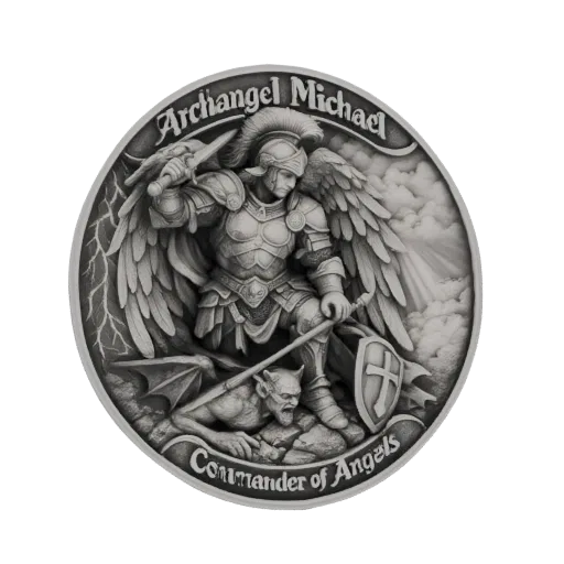 Modèle 3D de l'Archange Michel, Commandant des Anges, en armure complète, brandissant une épée et un bouclier, ailes déployée