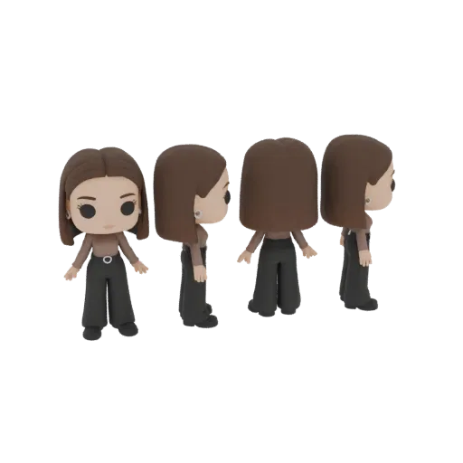 3D model of a stylized woman in a taupe top and black wide-leg pants, shown from multiple angles.