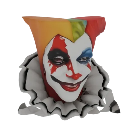 A 3D render of a creepy clown mask with white face paint, red and black accents, and a ruffled collar, set against a black background.