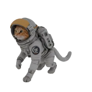 3D model of an orange tabby cat wearing a white astronaut suit with a yellow helmet, looking alert.