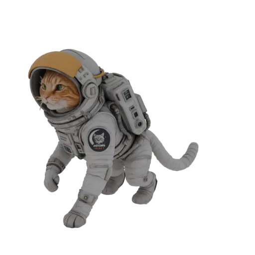 3D model of an orange tabby cat wearing a white astronaut suit with a yellow helmet, looking alert.