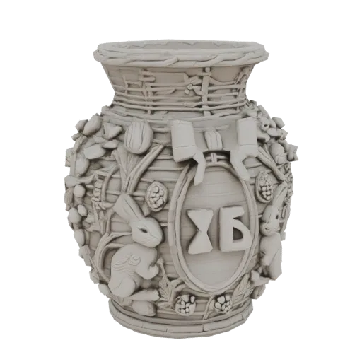 Modello 3D di vaso pasquale con conigli, fiori e lettere «ХВ», in colore grigio.
