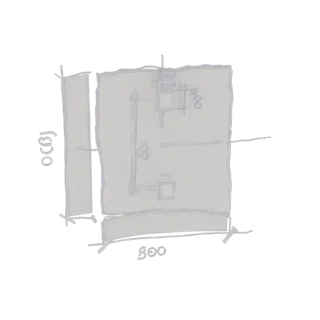 A 3D model of a kitchen stove depicted as a sketchy blueprint, with visible hand-drawn lines and a light grey color scheme.