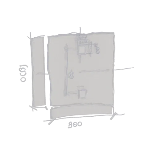 A 3D model of a kitchen stove depicted as a sketchy blueprint, with visible hand-drawn lines and a light grey color scheme.