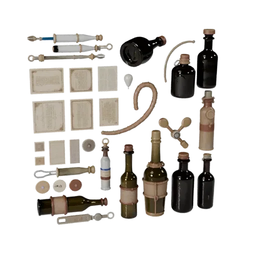 Fantasy Bottle Group Realistic 3D model, three-quarter studio render, showing paper-like cards, small readable forms.