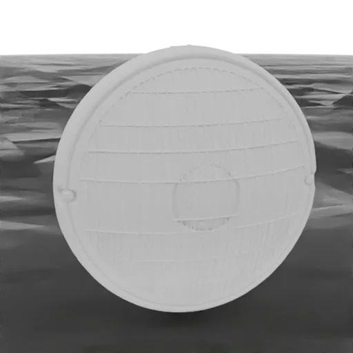 3D model of a classic round car headlight with a ribbed glass lens, presented in a neutral gray material.