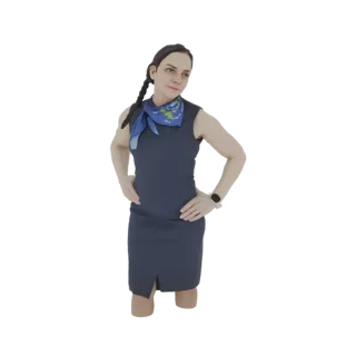 3D model of a woman in a blue dress, with a blue scarf and braided hair, standing with hands on hips.