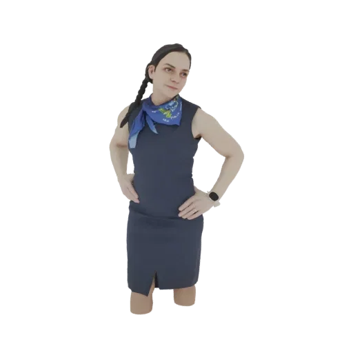 3D model of a woman in a blue dress, with a blue scarf and braided hair, standing with hands on hips.
