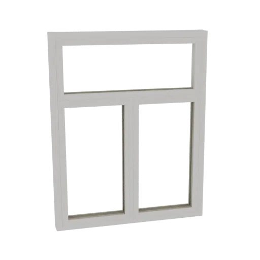 3D model of a modern white window frame with a transom and two casement panels, shown against a white background.