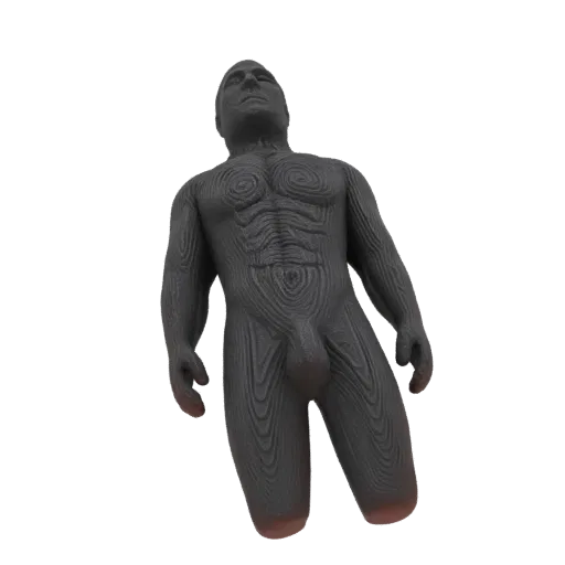 3D model of a male torso with a dark, wood-grain-like texture, posed looking upwards.