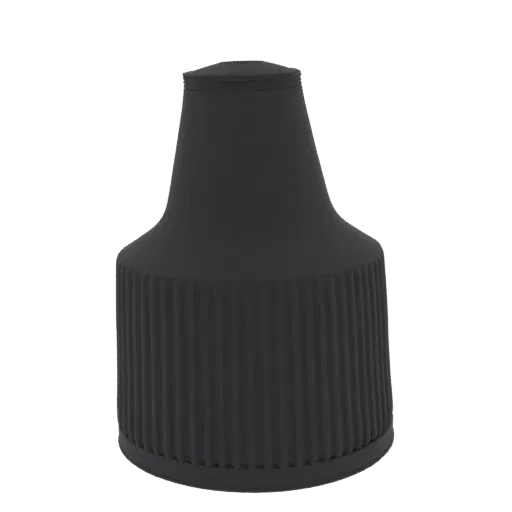 A 3D render of a black ribbed dropper cap with a textured surface and smooth top, isolated on a white background.