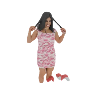 3D model of a Barbie doll in a pink camouflage dress, pulling her pigtails, with red shoes beside her.