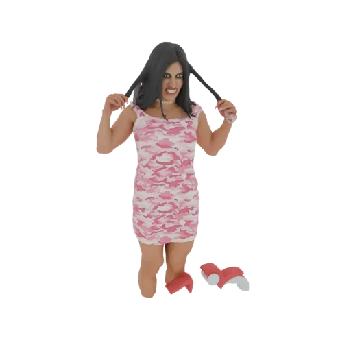 Modèle 3D d'une poupée Barbie en robe rose camouflage, tirant ses tresses, avec des chaussures rouges à côté.