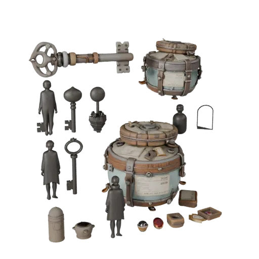 Modelo 3D da Chave de Tesouro Amaldiçoado, vista frontal em três quartos, viewport Unity, mostrando madeira envelhecida, silh