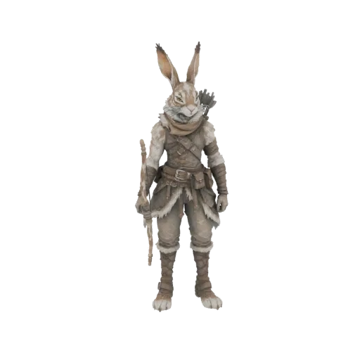 3D model of an anthropomorphic rabbit archer, standing with a bow in hand and a quiver on its back, rendered in a realistic f