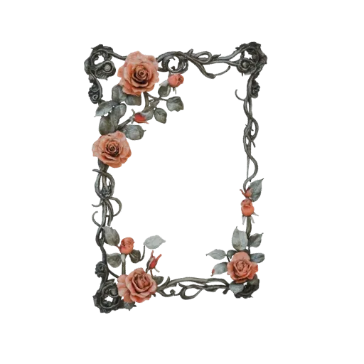 A 3D model of an ornate rectangular frame decorated with realistic pink roses and dark green vines, set against a black backg