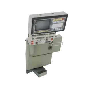 3D model of a vintage medical monitor with a CRT screen and a detailed control panel featuring buttons and dials, set against