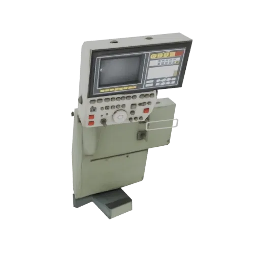 3D model of a vintage medical monitor with a CRT screen and a detailed control panel featuring buttons and dials, set against