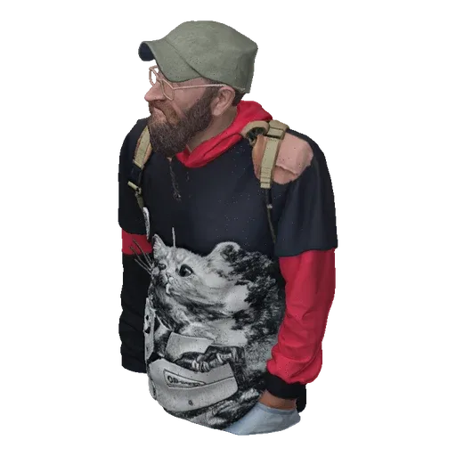 3D model of a person wearing a black and red hoodie with a detailed astronaut cat graphic, featuring a beige backpack.