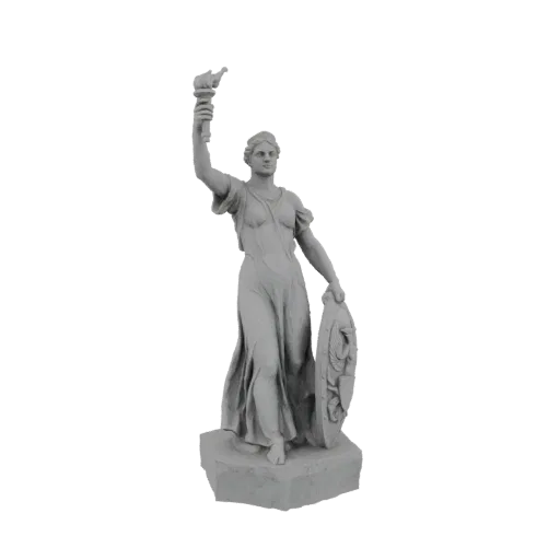 3D model of a classical allegorical woman holding a torch and shield, depicted in a neutral grey material on a stone-like bas