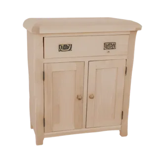 3D model of a light wood cabinet with a single drawer and two doors, featuring decorative pulls and round wooden knobs.