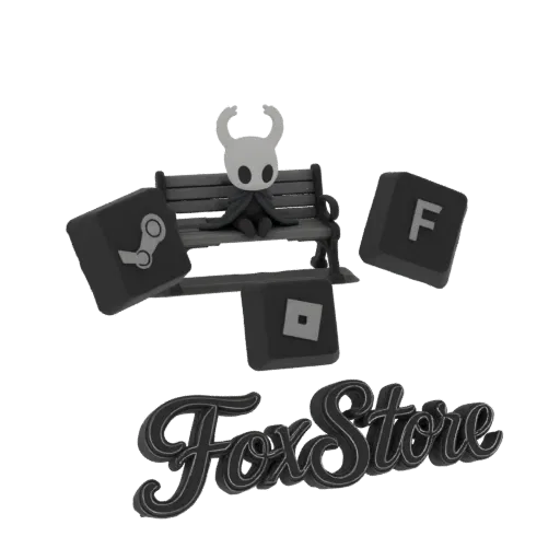 3D model of the Hollow Knight character sitting on a bench, surrounded by cube icons for Steam, Roblox, and 'F', with the 'Fo