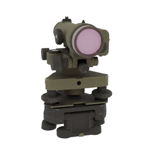 3D model of an olive drab military scope with a detailed mount and pink-tinted lens, shown from a front-right perspective.