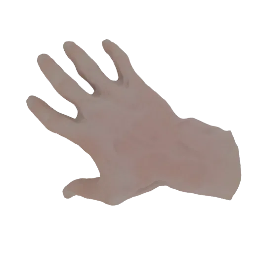 A 3D render of a stylized human hand with fingers slightly splayed in a reaching pose, against a white background.