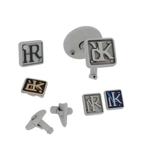 Modello 3D Gemello Stile Monogramma in oro, vista tre quarti frontale, rendering studio AR viewer, finitura oro.
