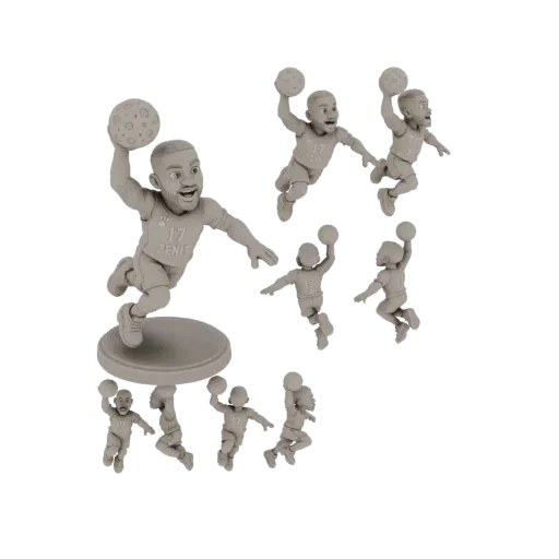 Collection of stylized chibi handball player 3D models in dynamic action poses, holding balls, against a black background.