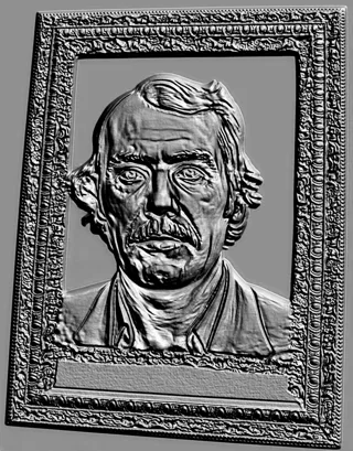 3D model of man bas-relief in engraved frame, highly detailed.