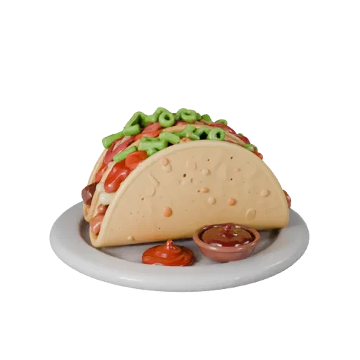 Restaurant Taco Platter Product Viz 3D model, three-quarter studio product render, showing sauces, plated composition.