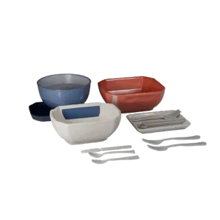 Picnic Salad Bowl Set 3D model, three-quarter front view, Unity viewport, showing ceramic, arranged serving layout.
